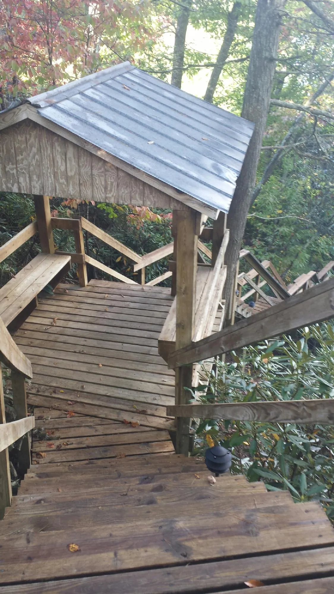 Metal roofed shelter over wooden steps on a wooded walkway — Skylight Repair & Installation work by our crew in Maple Hill